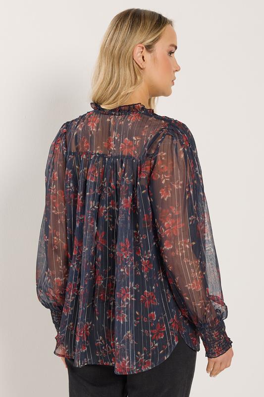 LTS Tall Navy Blue Floral Print Frill Neck Blouse | Long Tall Sally 4