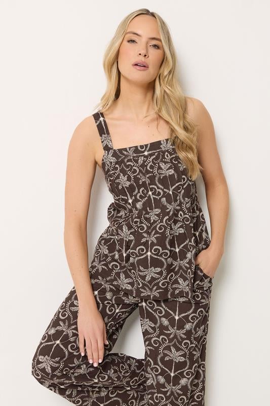 LTS Tall Women's Set Chocolate Brown Palm Linen Vest Top & Wide Leg Trousers | Long Tall Sally 1