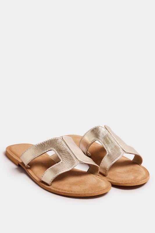 LTS Gold Leather Cut Out Mule Sandals In Standard Fit | Long Tall Sally 3