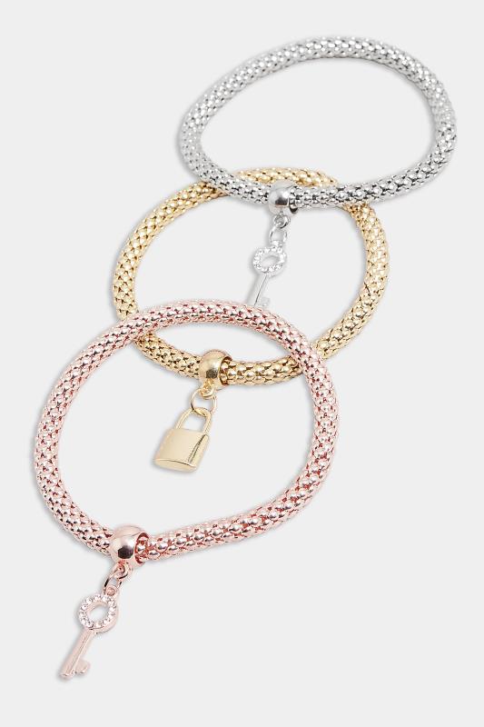 Silver & Gold 3 PACK Lock & Key Bracelet Set | Yours Clothing  2