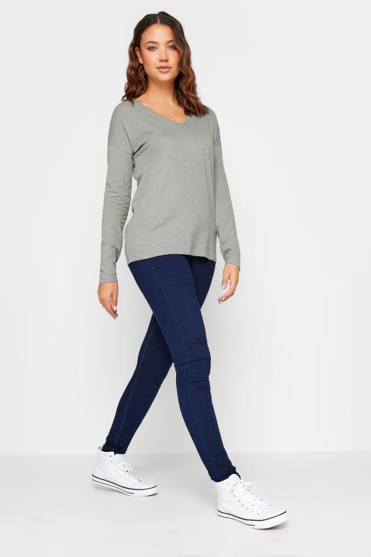 LTS Tall Light Grey V-Neck Long Sleeve Cotton T-Shirt | Long Tall Sally 2