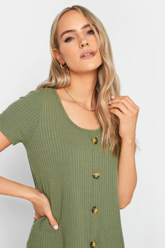 LTS Tall Khaki Green Ribbed Button Detail Swing T-Shirt | Long Tall Sally 4