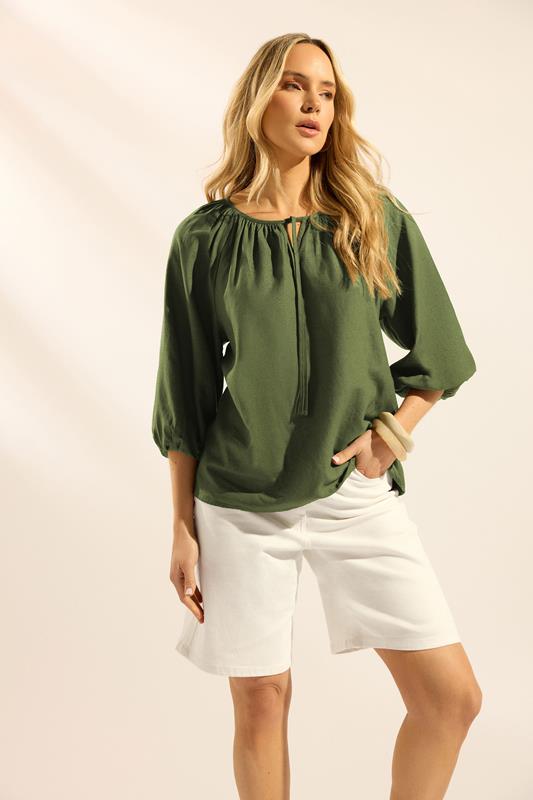  LTS Tall Khaki Green Long Sleeve Tie Front Linen Blouse