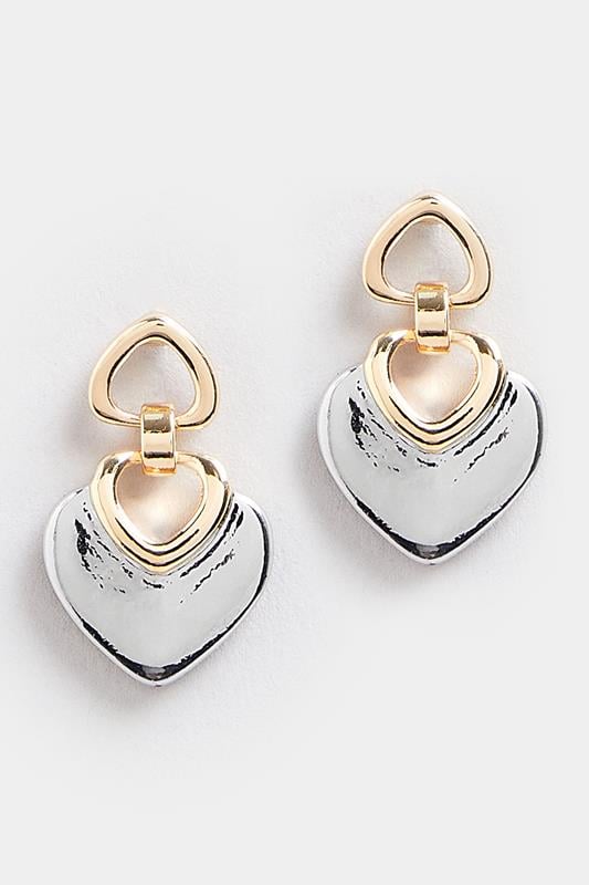 Two Tone Gold & Silver Heart Drop Earrings | Yours Clothing 2