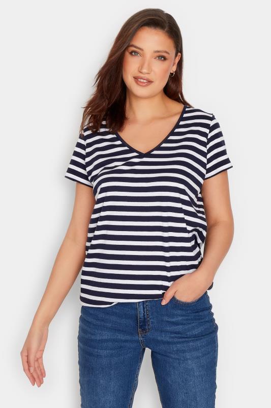 LTS Tall Women's Navy Blue Stripe V-Neck T-Shirt | Long Tall Sally 1
