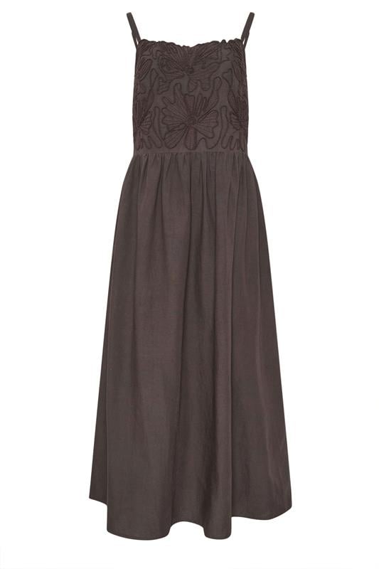LTS Tall Women's Chocolate Brown Linen Embroidered Midi Dress | Long Tall Sally 2
