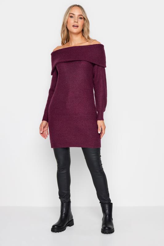 LTS Tall Womens Dark Purple Bardot Mini Jumper Dress | Long Tall Sally 2