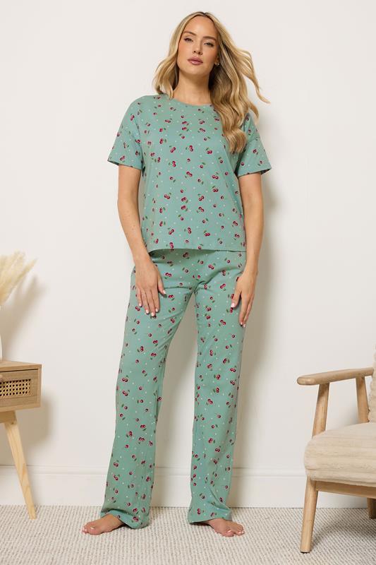  LTS Tall Green Cherry Print Cotton Wide Leg Pyjama Set