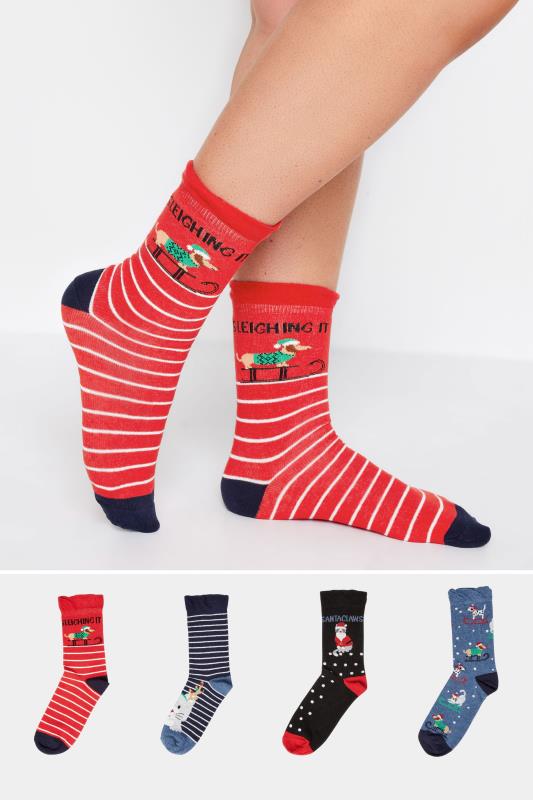 YOURS 4 PACK Black & Red Christmas Design Ankle Socks | Yours Clothing 1