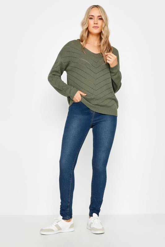 LTS Tall Khaki Green Chevron Pointelle Stitch Jumper | Long Tall Sally 2