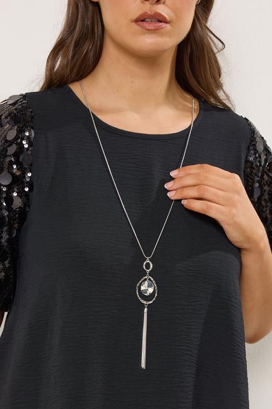 Silver Tone Long Drop Pendant Necklace
