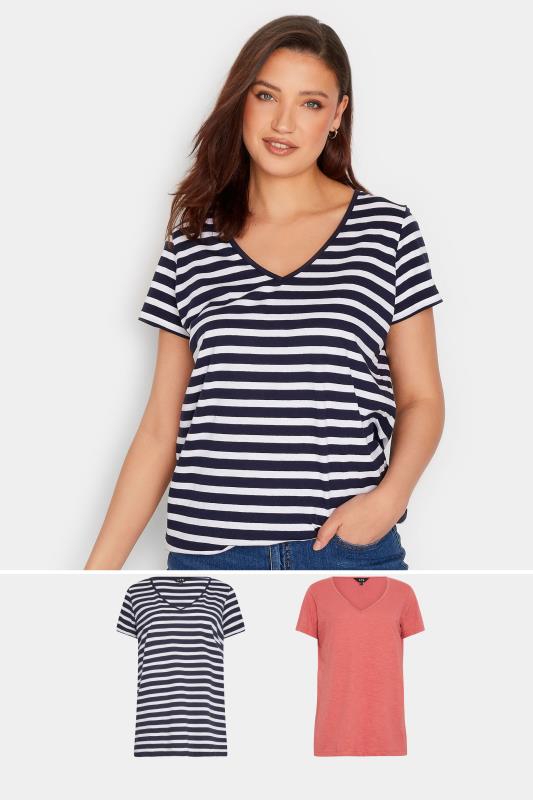 LTS Tall Womens 2 PACK Navy Blue & Coral Pink Stripe V-Neck T-Shirts | Long Tall Sally 1