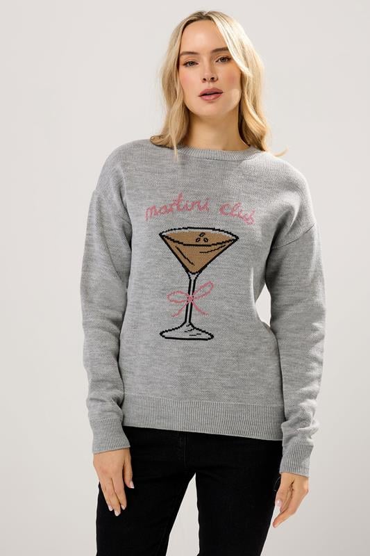 Tall  LTS Tall Grey 'Martini Club' Knitted Slogan Jumper