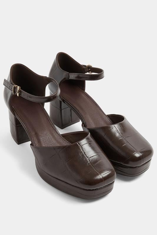  Yours Brown Croc Faux Leather Platform Block Heels In Extra Wide EEE Fit
