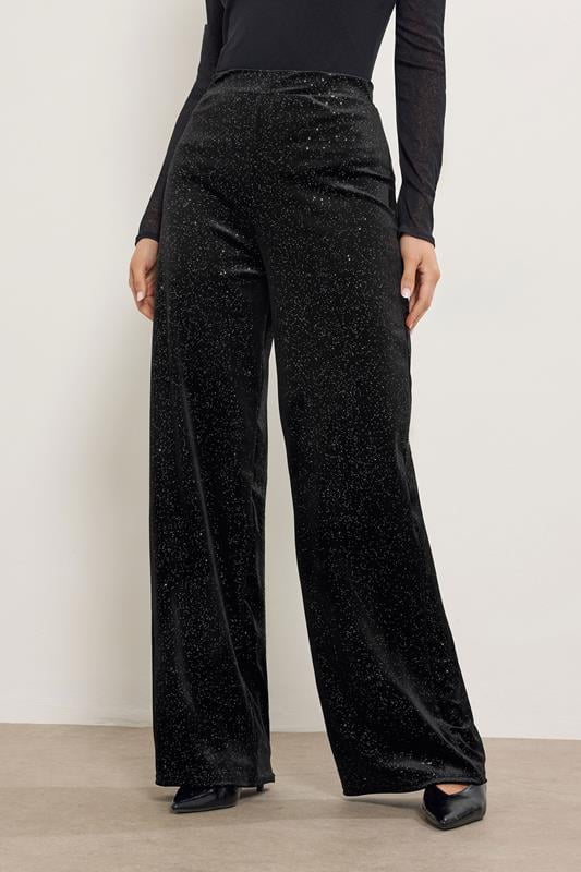 LTS Tall Black Velvet Glitter Wide Leg Trousers | Long Tall Sally  2