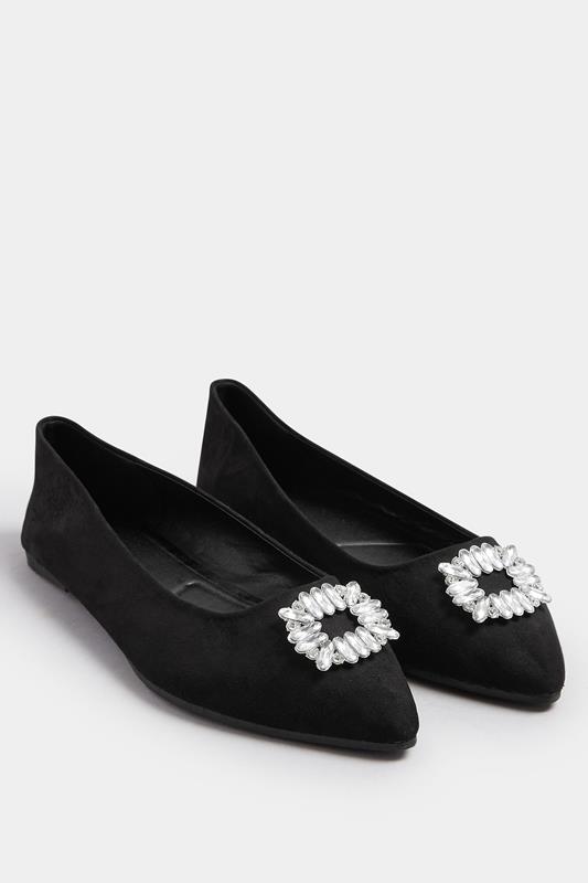 Black Faux Suede Diamante Pointed Ballet Pumps In Extra Wide EEE Fit | Yours Clothing 2
