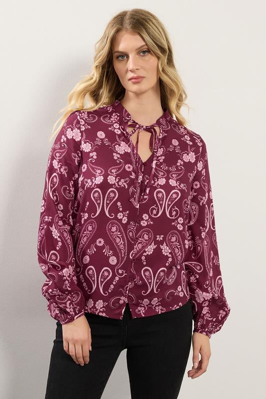 Tall  LTS Tall Dark Pink Paisley Button Tie Blouse