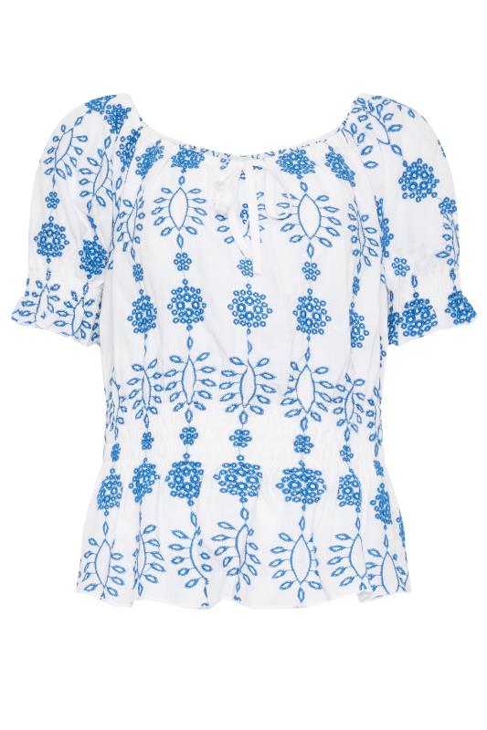 LTS Tall Women's White & Blue Embroidered Tie Neck Top | Long Tall Sally 5