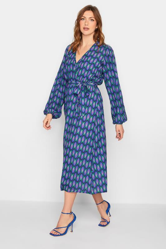 LTS Tall Women's Blue Geometric Print Midi Wrap Dress | Long Tall Sally 1