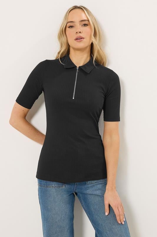 Tall  LTS Tall Black Half Zip Ribbed Collared Top
