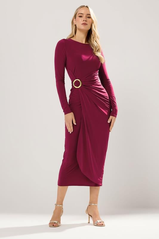 Tall  LTS Tall Wine Red Jersey Drape Long Sleeve Buckle Dress