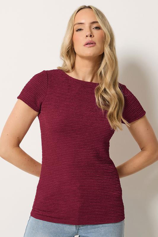 LTS Tall Burgundy Red Textured Slash Neck Top