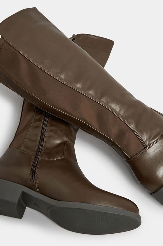 Chocolate Brown PU Stretch Heeled Knee High Boots In Wide E Fit & Extra Wide EEE Fit 5