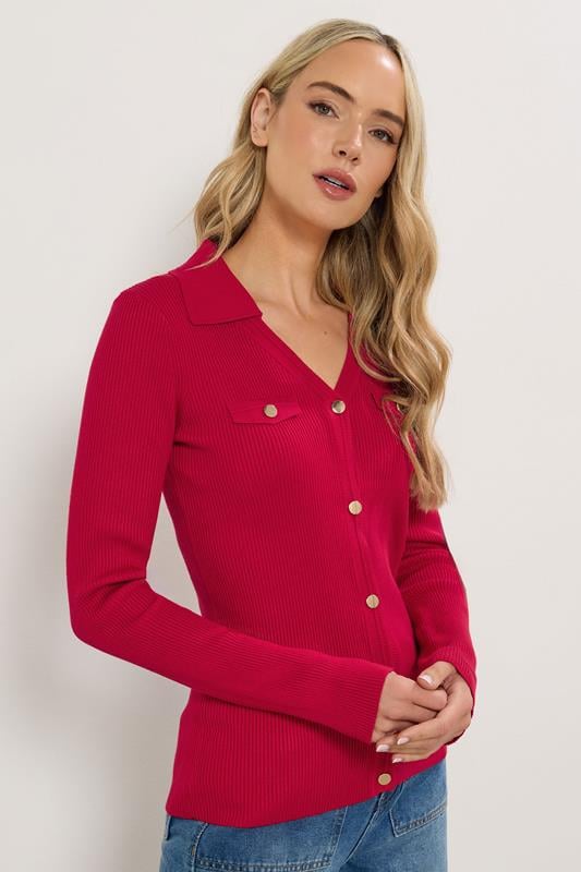 Tall  LTS Tall Red Ribbed Button Detail Top