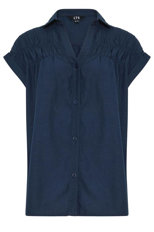 LTS Tall Women's Navy Blue Shirred Detail Linen Blouse | Long Tall Sally 5