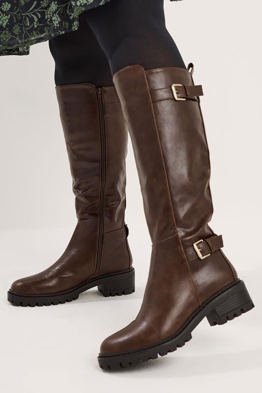 Plus Size  Yours Brown Faux Leather Buckle Detail Knee High Boots In Standard Fit