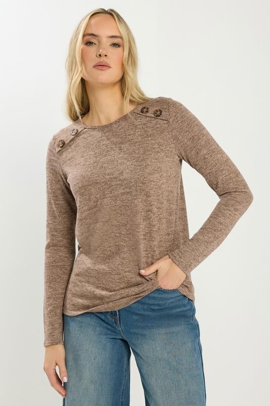 LTS Tall Beige Brown Marl Button Long Sleeve Top