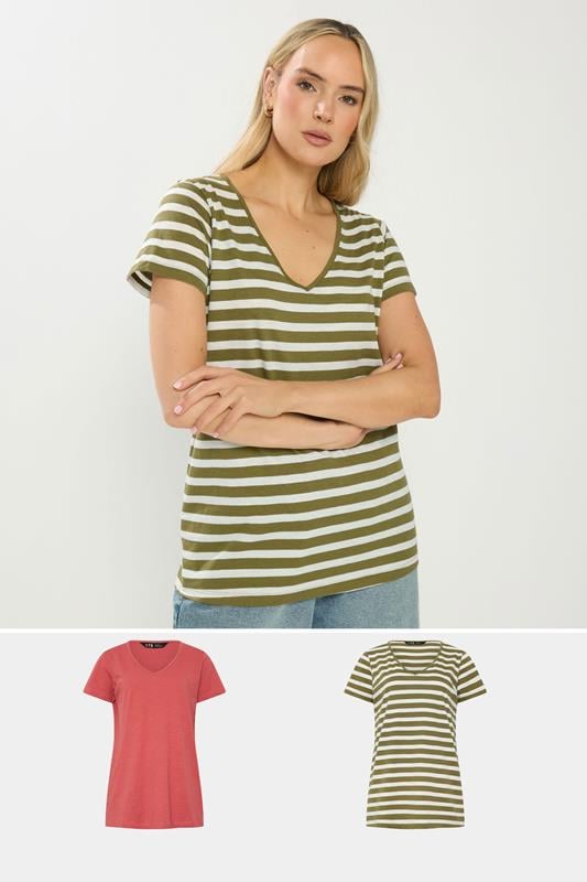 Tall  LTS Tall 2 PACK Coral Orange & Khaki Green Stripe T-Shirts
