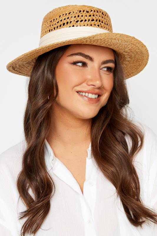 Beige Brown & White Straw Boater Hat | Yours Clothing 1