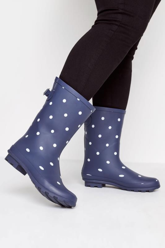 Navy Spot Print Mid Calf Wellies In Wide E Fit | Yours Clothing 1