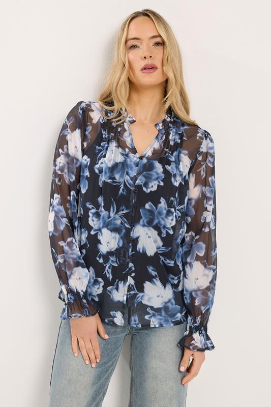 LTS Tall Navy Blue Floral Sheer Pintuck Blouse | Long Tall Sally 1