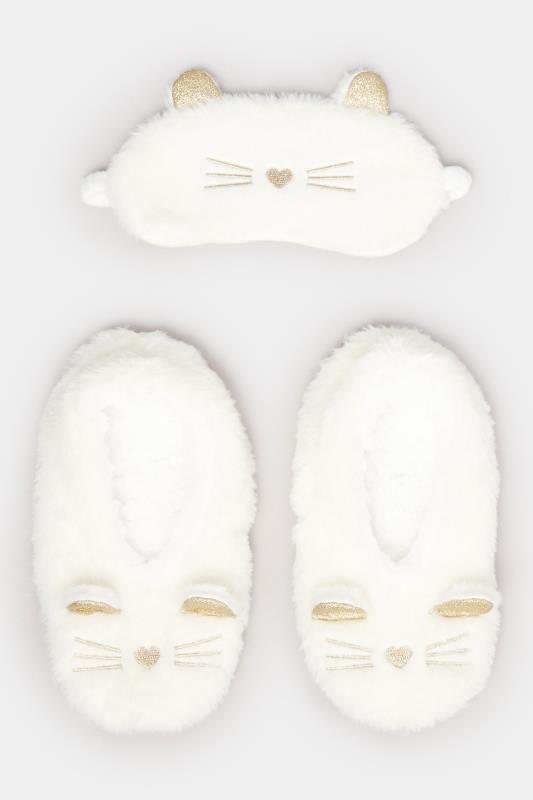 White Fluffy Cat Eye Mask & Slipper Set | Yours Clothing  2