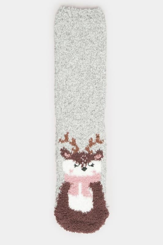 2 PACK Grey & Red Reindeer Fluffy Bed Socks | Yours Clothing 7