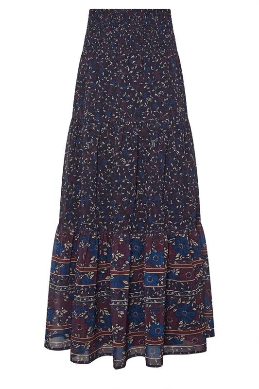 LTS Tall Navy Blue Floral Border Tiered Maxi Skirt | Long Tall Sally 5