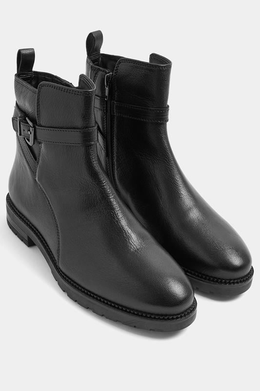  Yours Black Leather Buckle Detail Ankle Boots In Wide E Fit