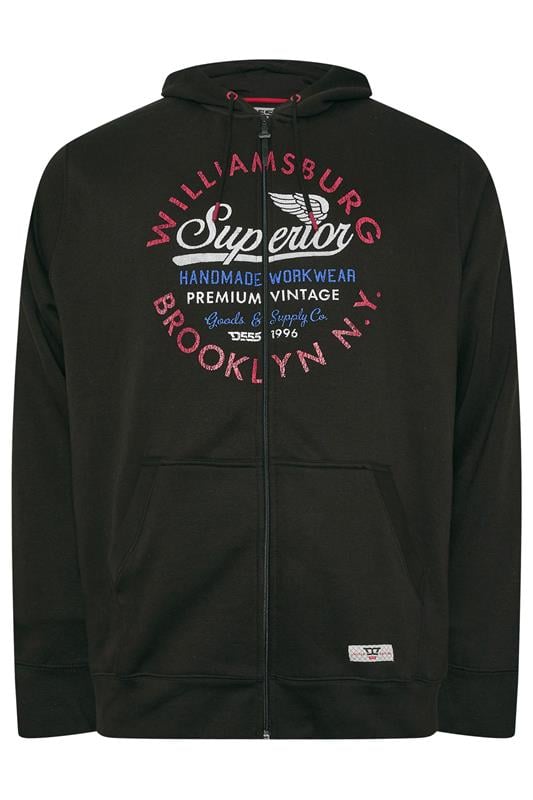 D555 Big & Tall Black 'Brooklyn N.Y.' Zip Through Hoodie | BadRhino 1