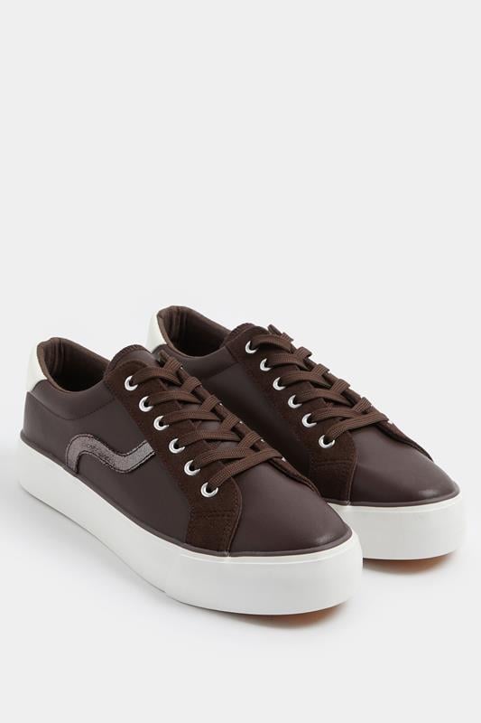  Yours Chocolate Brown Faux Leather Trainers In Extra Wide EEE Fit