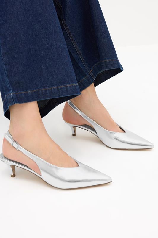Tall  LTS Silver Pointed Slingback Kitten Heel