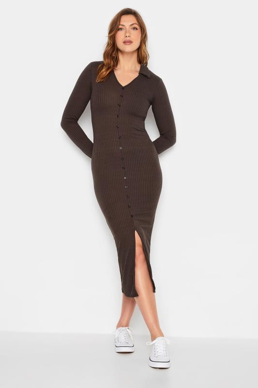 LTS Tall Brown Ribbed Split Front Dress | Long Tall Sally 1