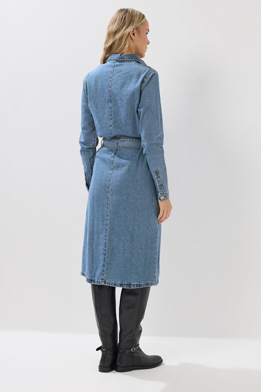 LTS Tall Blue Denim Long Sleeve Belt Tie Midi Dress | Long Tall Sally 3