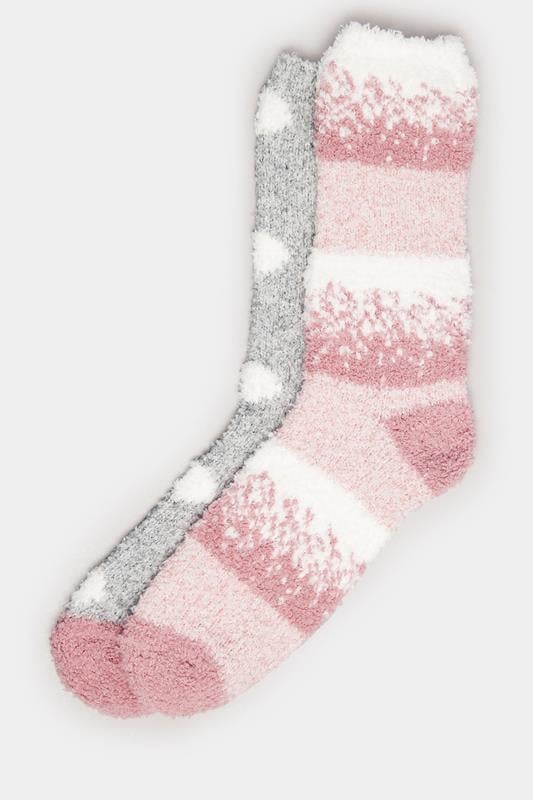 2 PACK Grey & Pink Fluffy Bed Socks | Yours Clothing 6