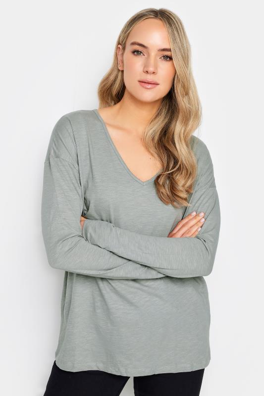 LTS Tall Light Grey & Black V-Neck Long Sleeve Cotton T-Shirt | Long Tall Sally 2