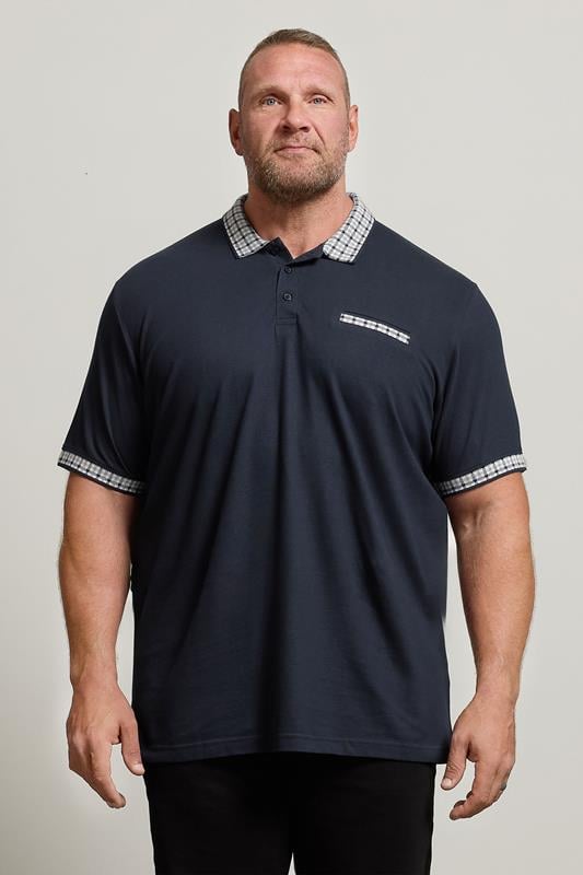BadRhino Big & Tall Navy Blue Jacquard Checked Collar Polo Shirt
