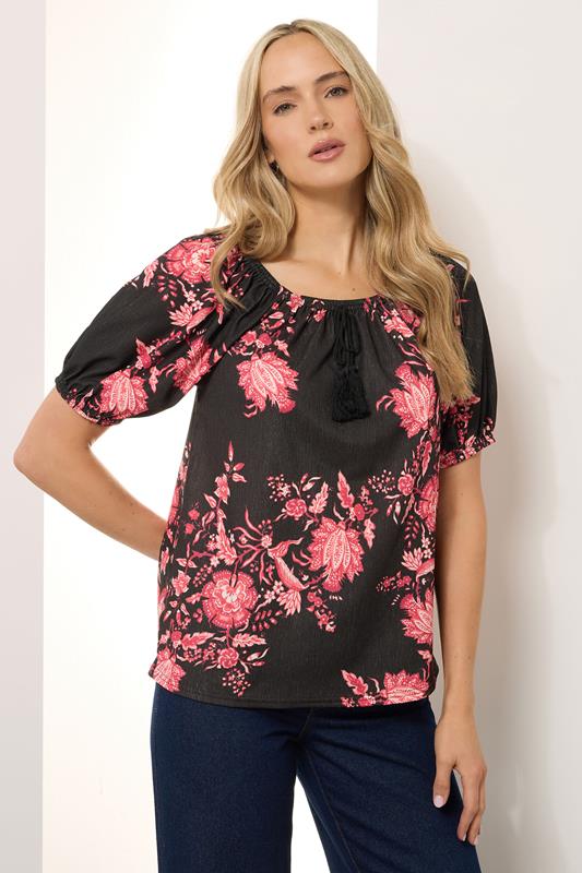 LTS Tall Women's Black Floral Print Tie Front Top | Long Tall Sally 1