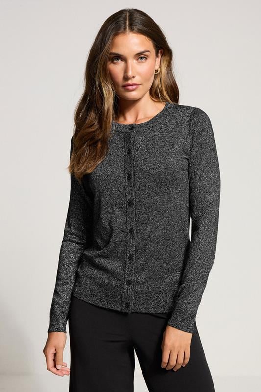 LTS Tall Black Metallic Crew Neck Cardigan | Long Tall Sally 1