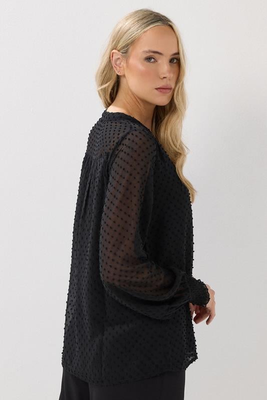 LTS Tall Black Dobby Spot Shirred Cuff Top | Long Tall Sally 3